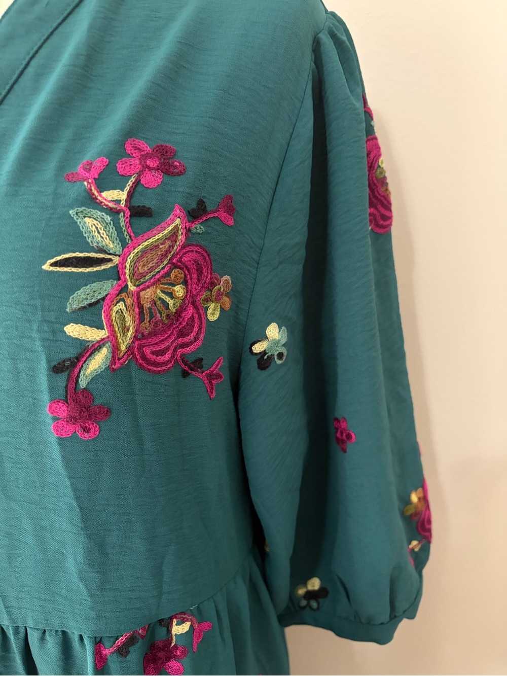 Fig & Flower Teal Floral Embroidered Tiered Midi Dress M- Boho Cottagecore - Picture 4 of 10